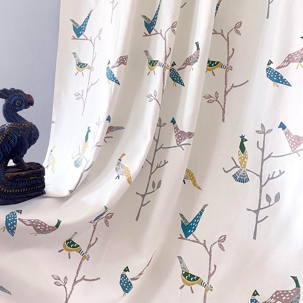 Bird and Floral Print Curtains