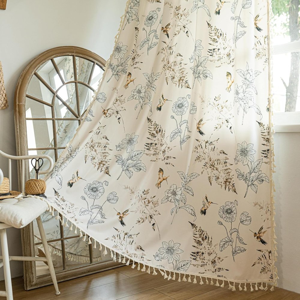 Bird and Botanical Print Curtains with Tassel Trim