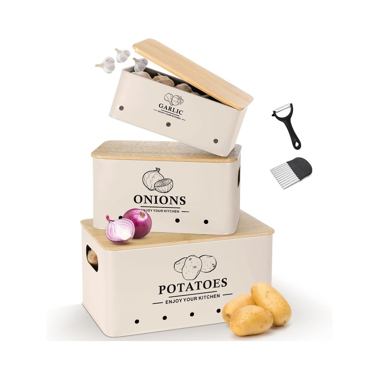 Metal Canisters with Aerating Holes for Onion and Garlic Storage