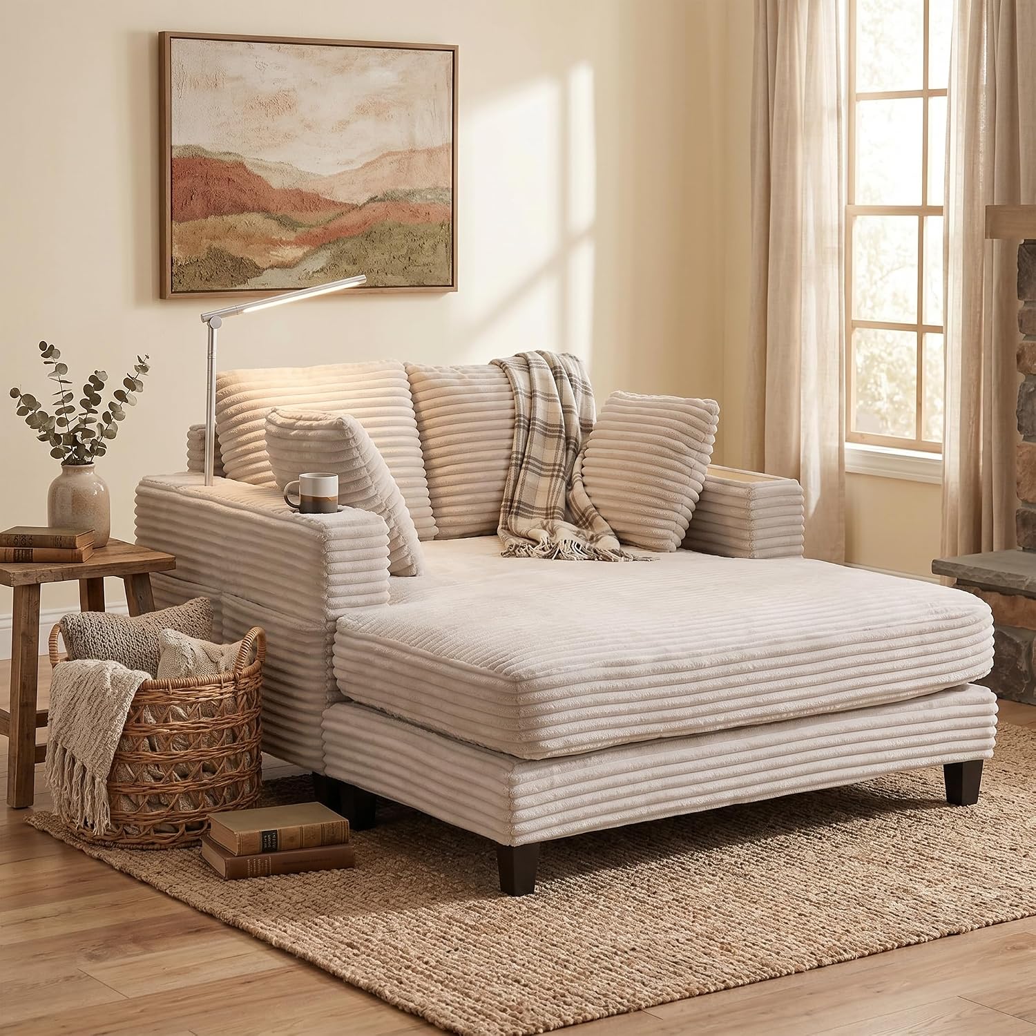 Corduroy Chaise with Built-In Reading Light and USB Charging