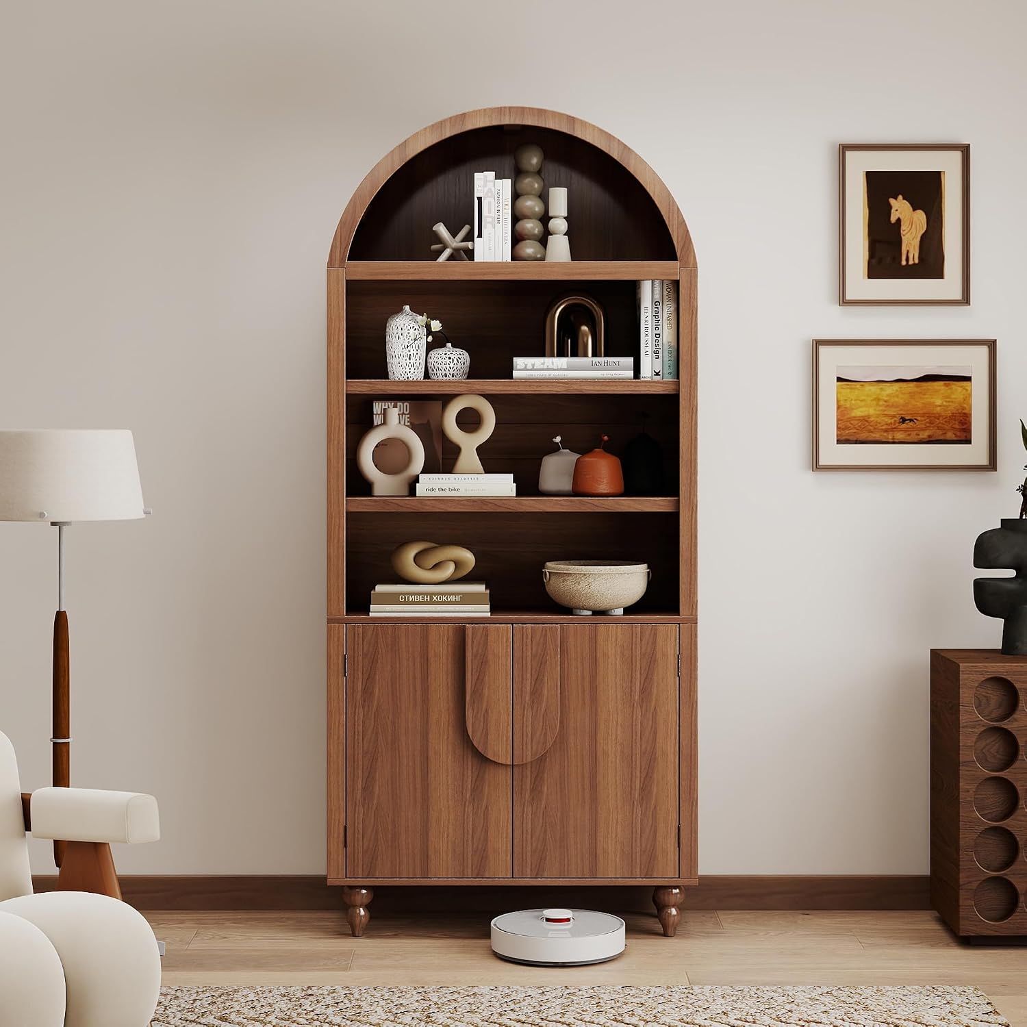 71-Inch Arched Bookshelf with Cabinet for a Bigger Library