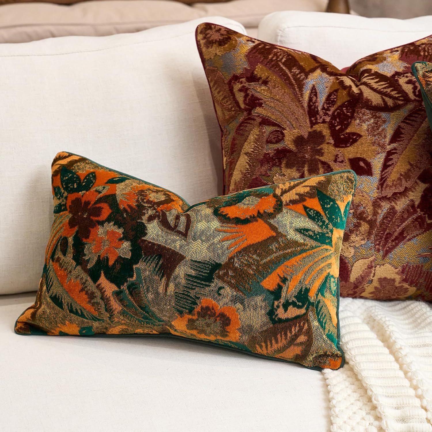 Cut Velvet Lumbar Pillow in Green and Rust