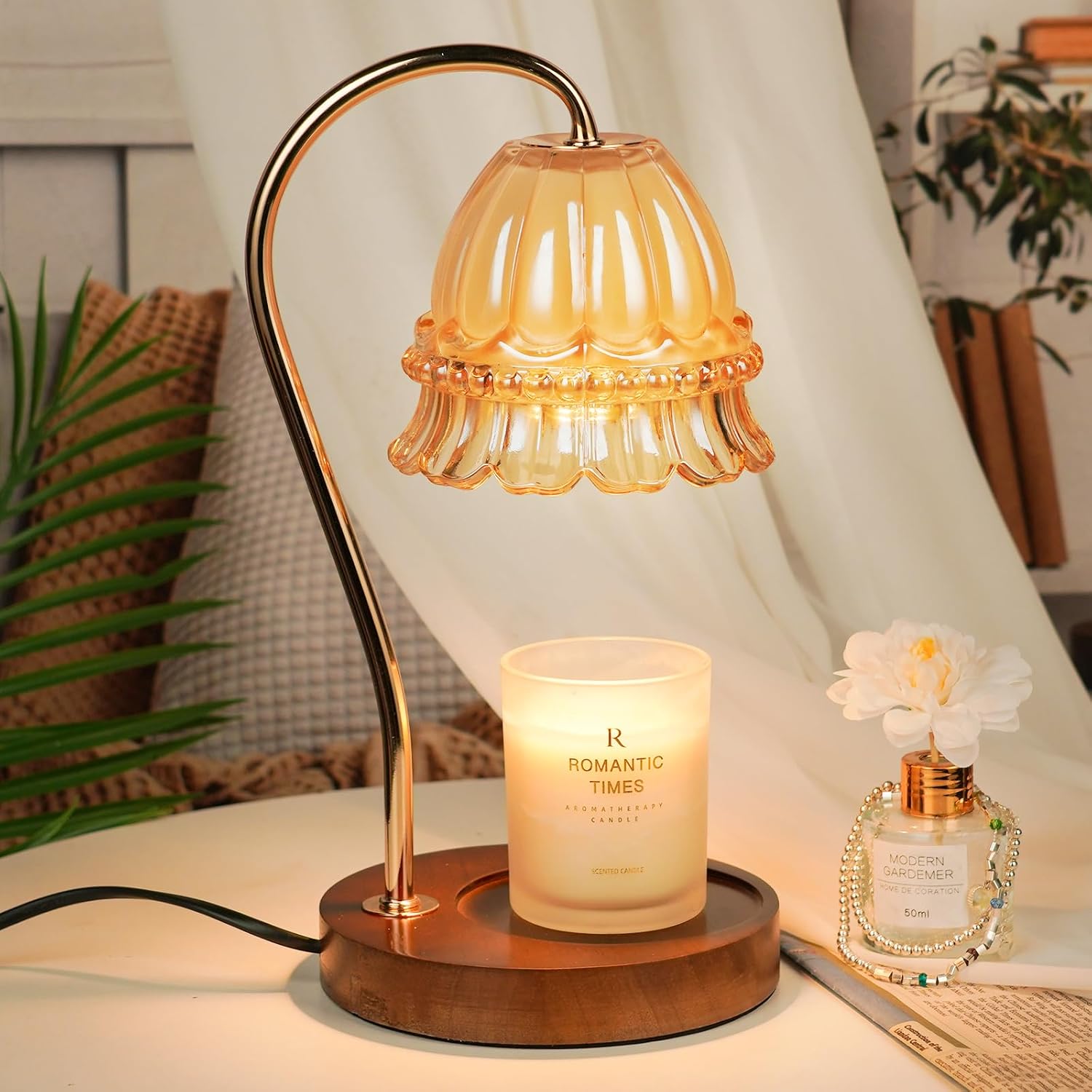 Amber glass flower candle warmer lamp melting a jar candle