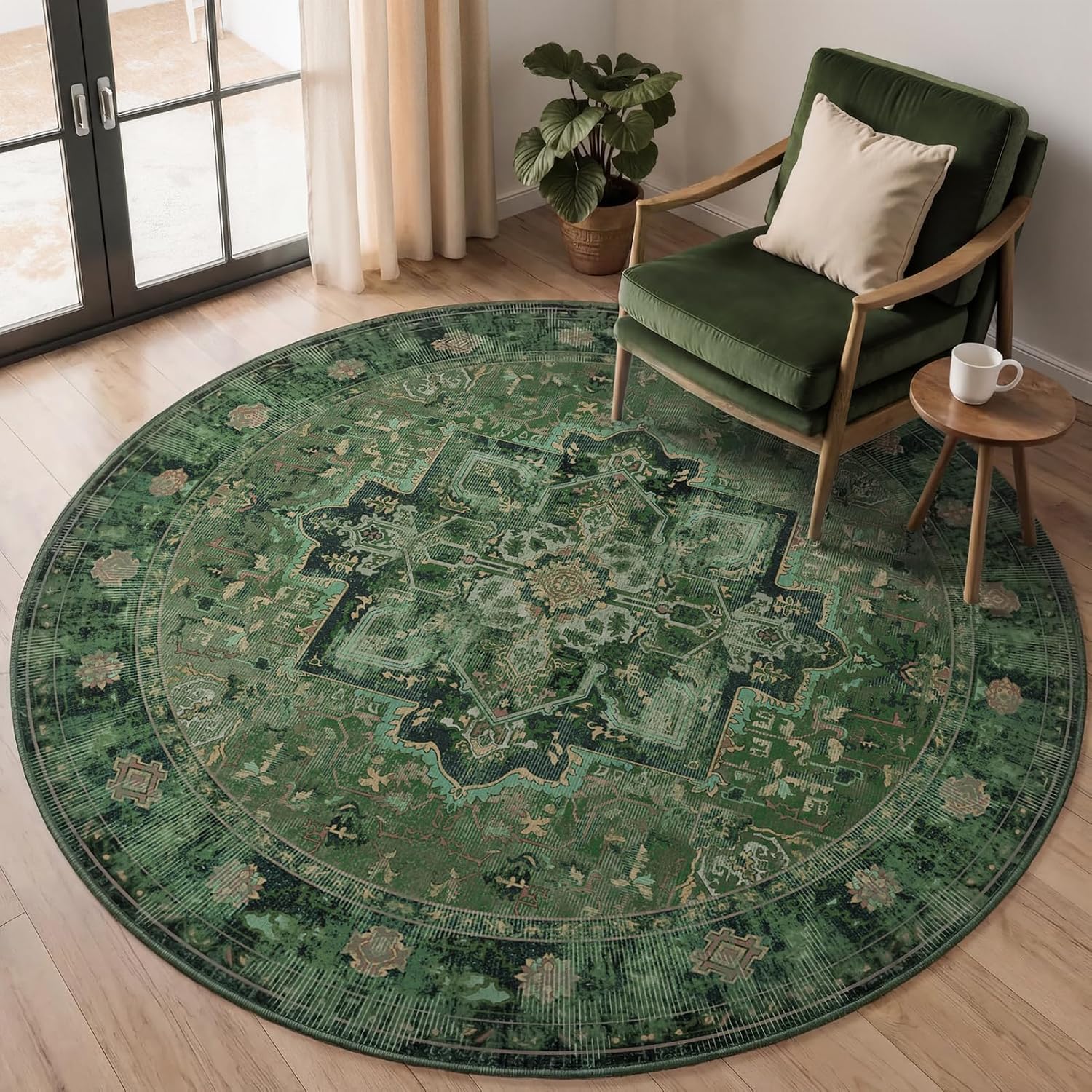 Green round vintage medallion rug under a reading chair