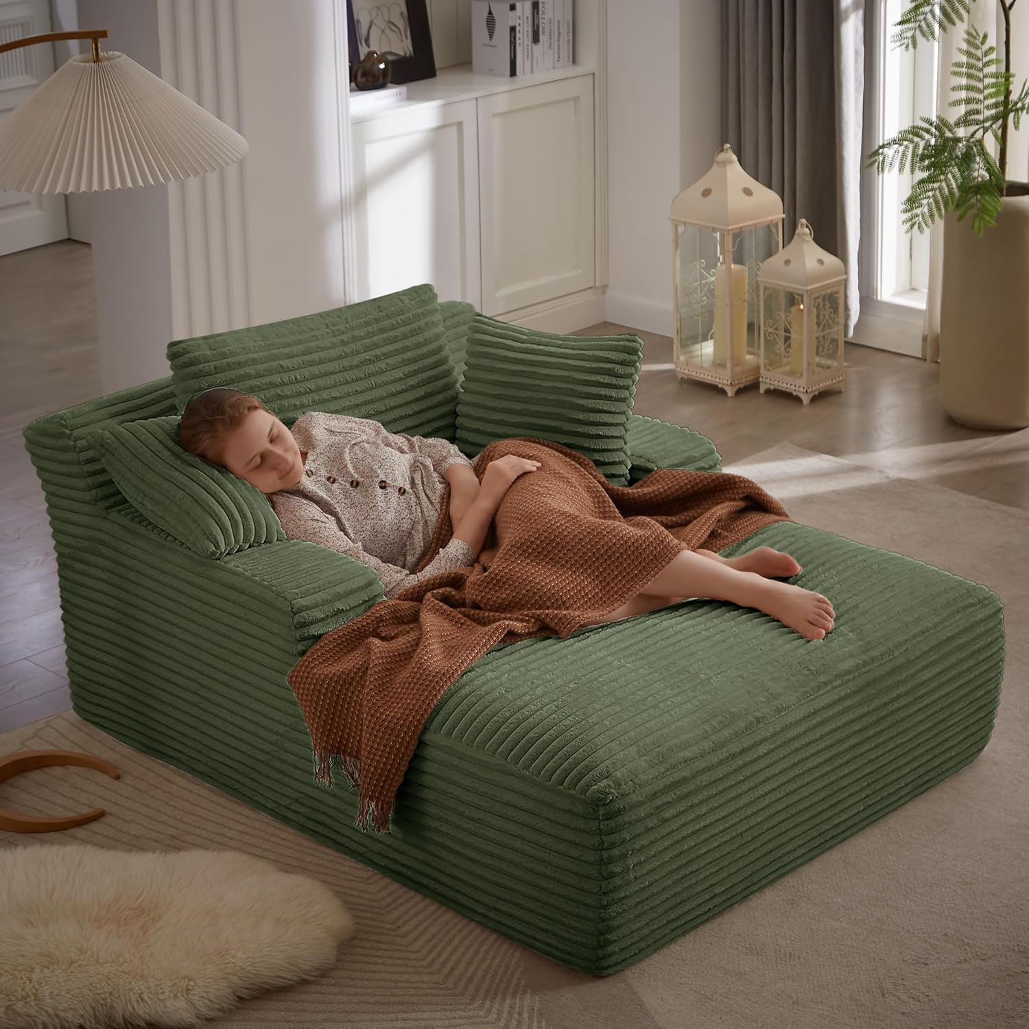 Oversized olive green corduroy chaise lounge chair