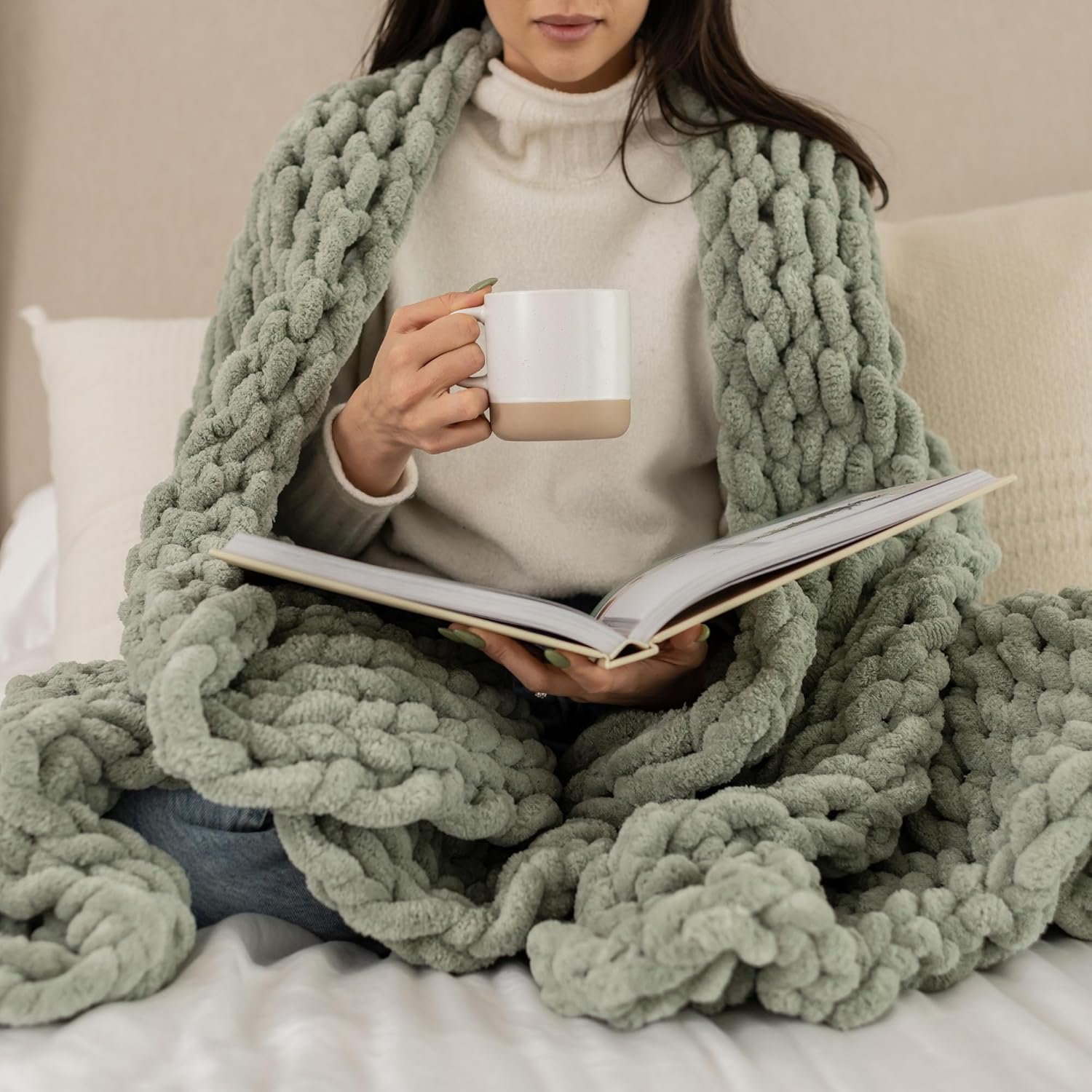 Sage green chunky knit chenille throw blanket