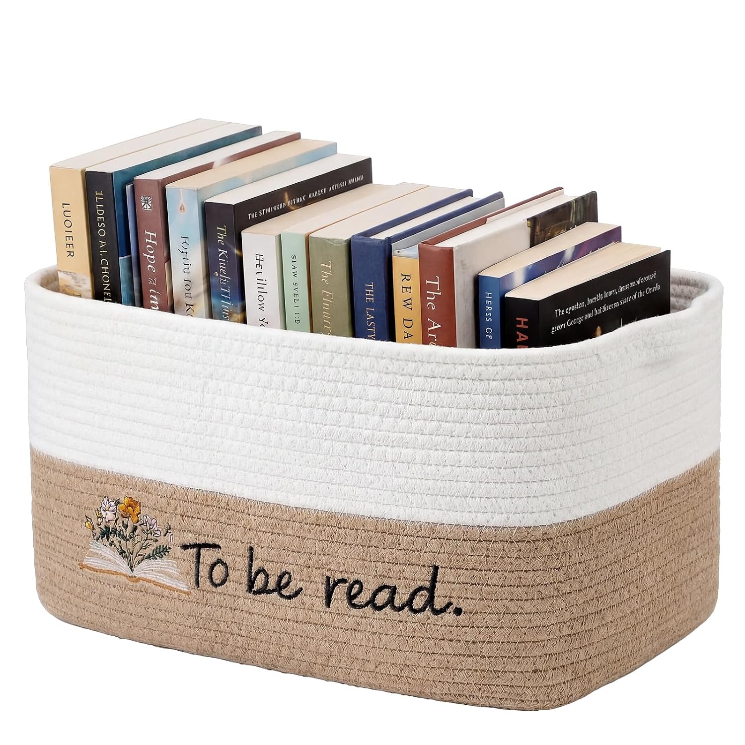 Woven cotton rope basket embroidered To be read, filled with books