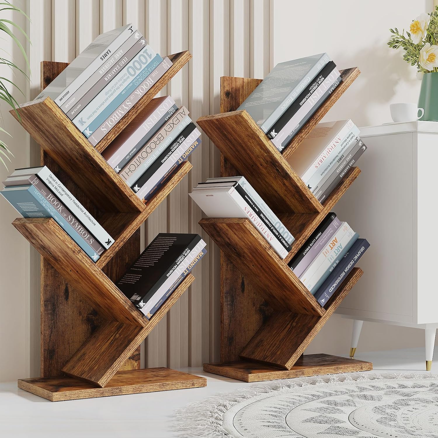Rustic brown four-tier tree bookshelf holding books at an angle