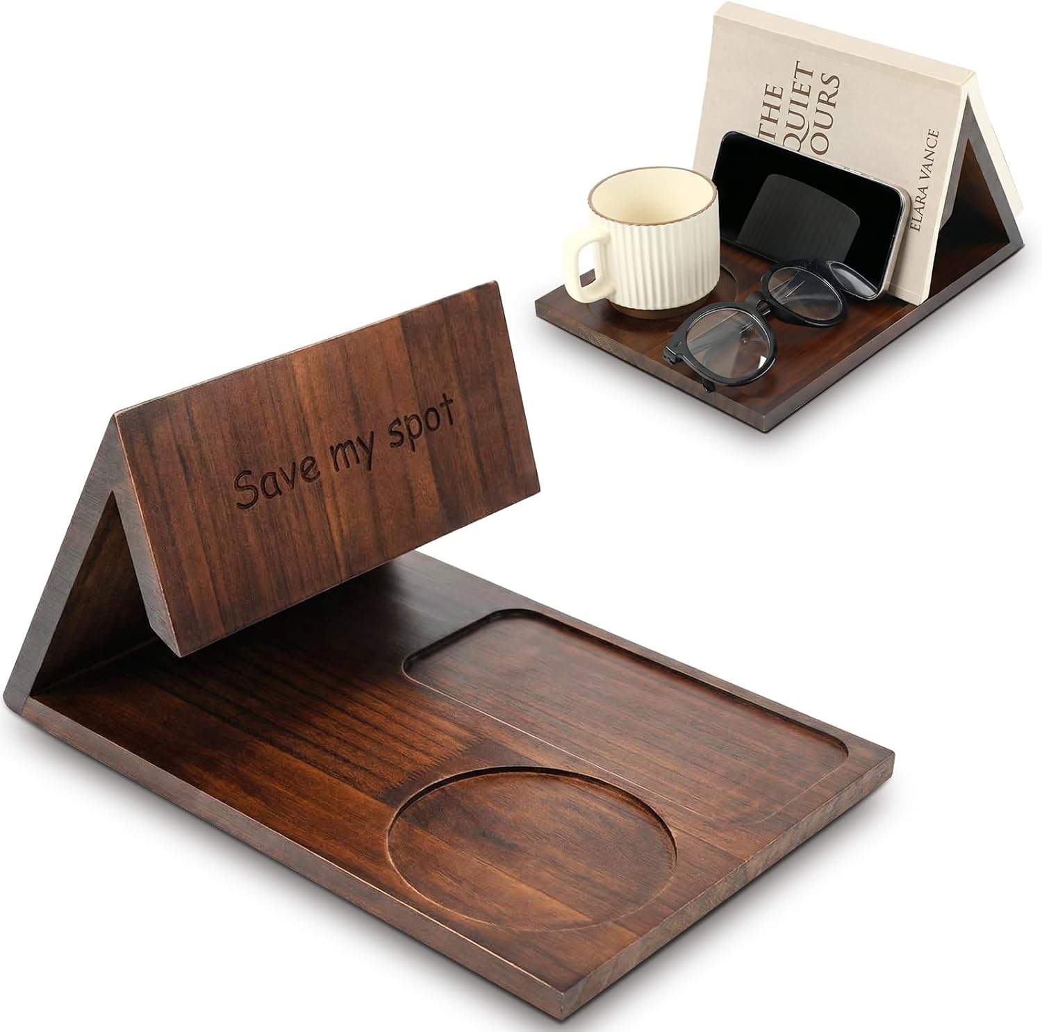 Walnut triangle book holder with cup groove, phone slot and glasses rest